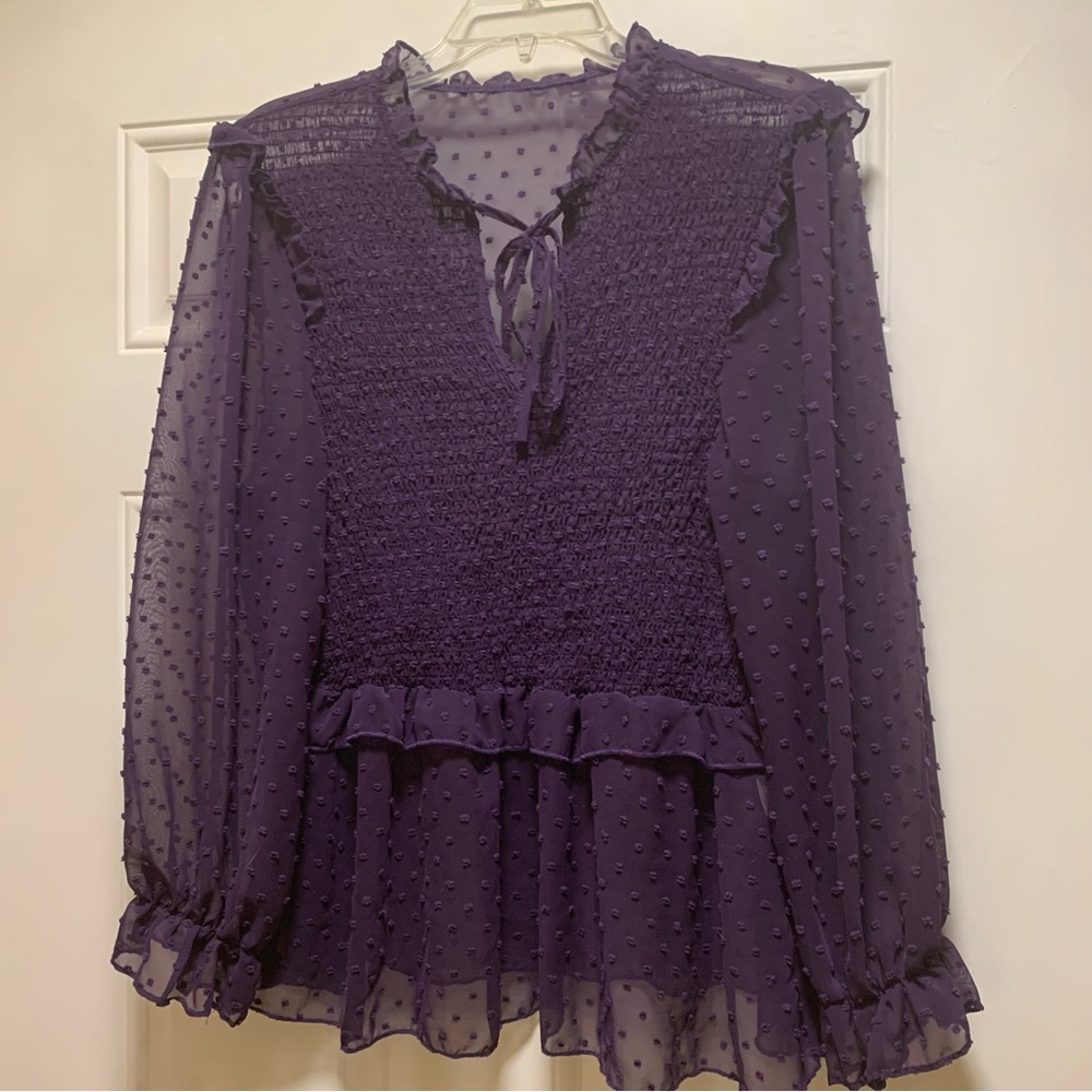 SHEIN Purple Smocked Ruffled Blouse with Long Sleeves